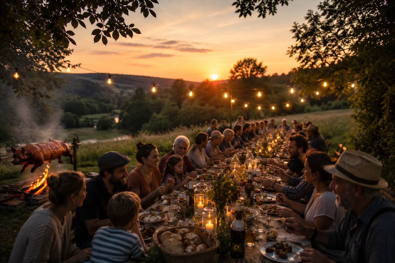 Dorfabendbrot: lange Tafel im Sonnenuntergang, Dorfgemeinschaft, Schwein am Spieß